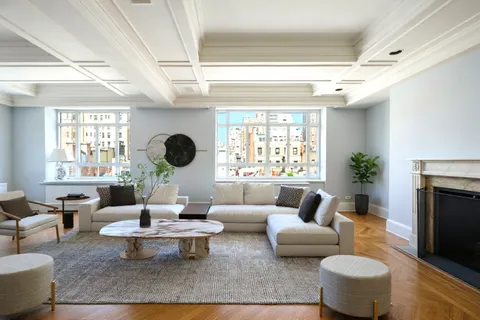 a living room with couches a fireplace and a potted plant