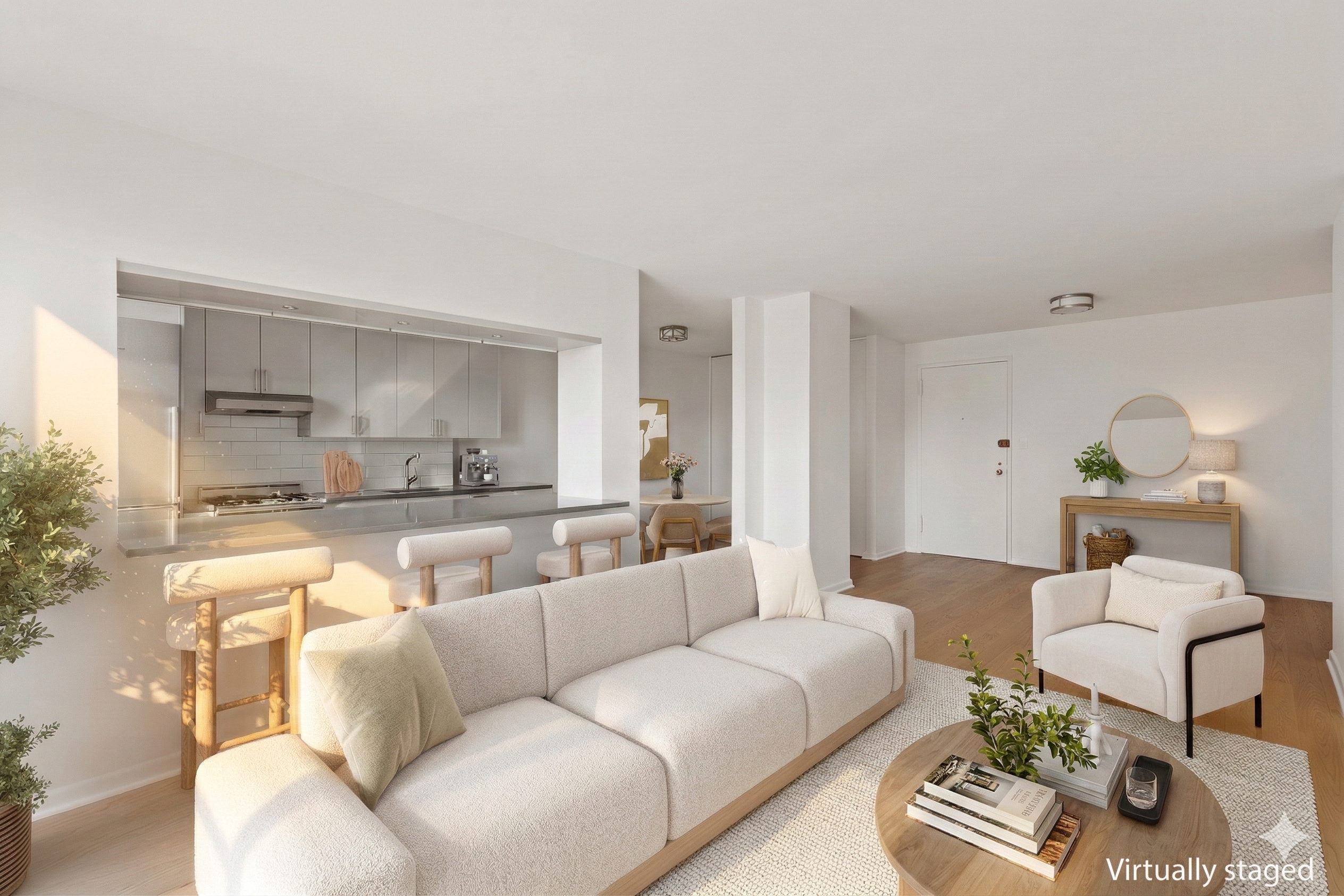 77 7th Avenue, Unit 12P Manhattan, NY 10011 - Photo 6 of 15 a living room with furniture and view of kitchen