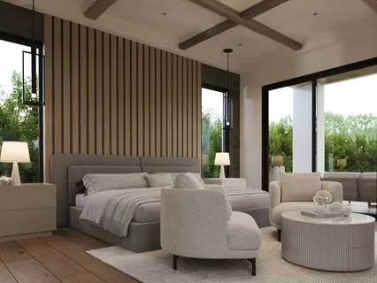 a bedroom with furniture and large windows