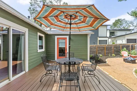a front view of a house with patio