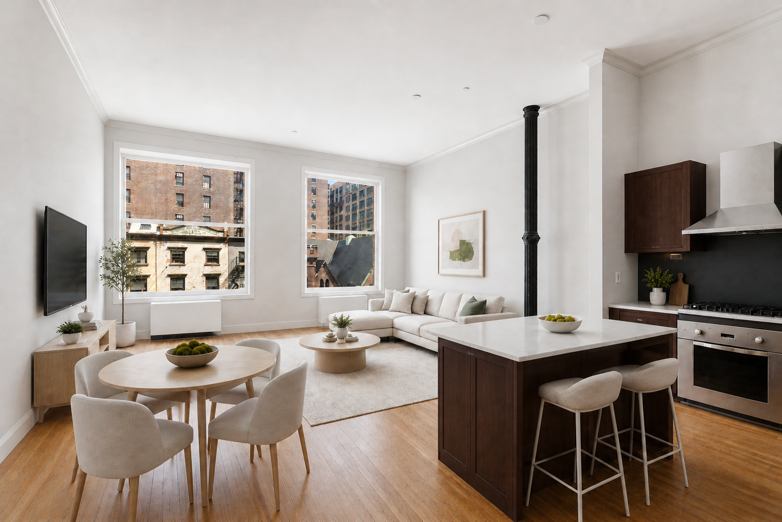 a dining room with furniture a window and a flat screen tv