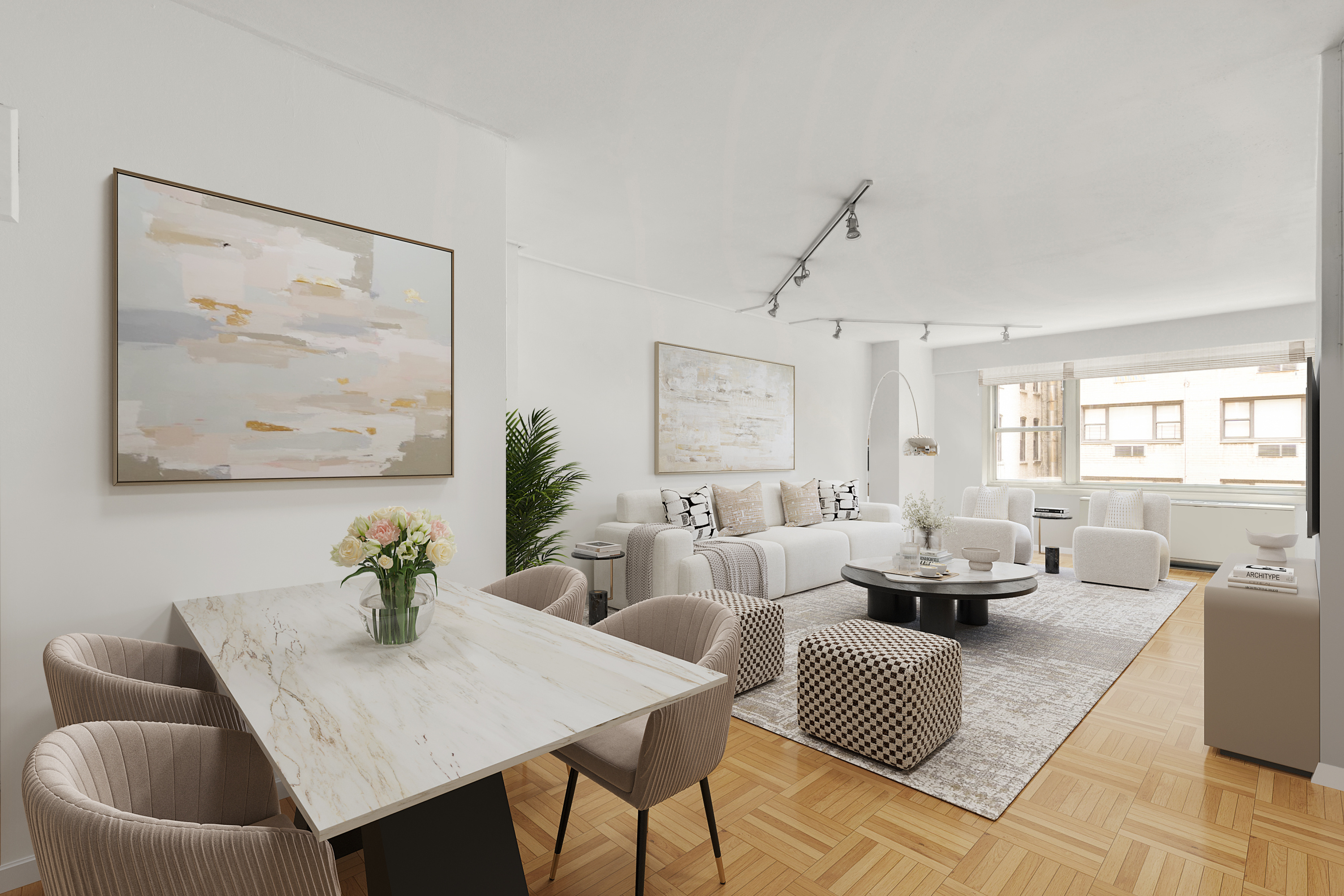 a living room with furniture and a large window