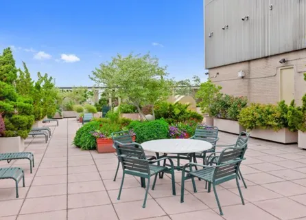 a view of a patio with table and chairs and potted plants
