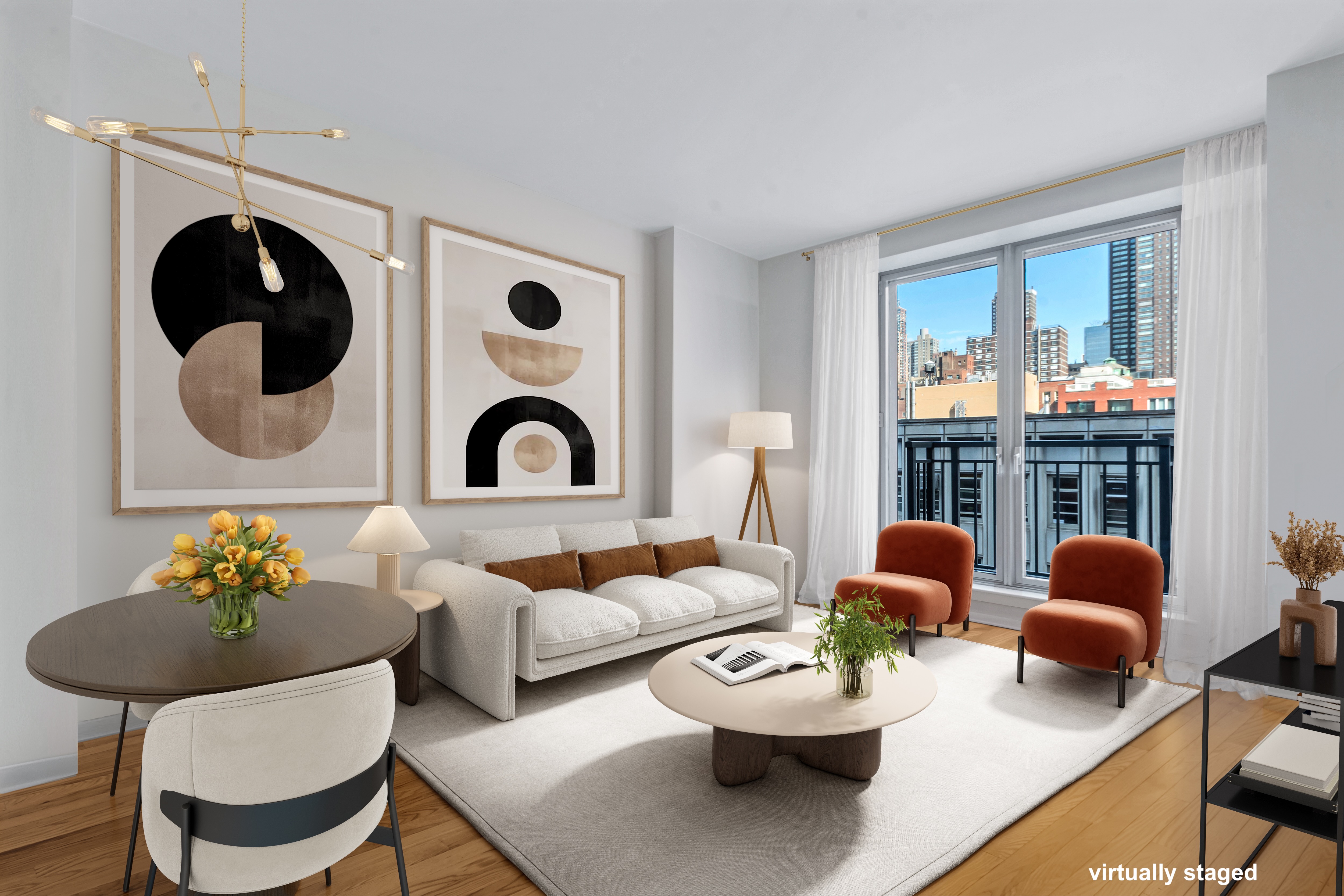 310 West 52nd Street, Unit 5F Manhattan, NY 10019 - Photo 2 of 13 a living room with furniture and a floor to ceiling window