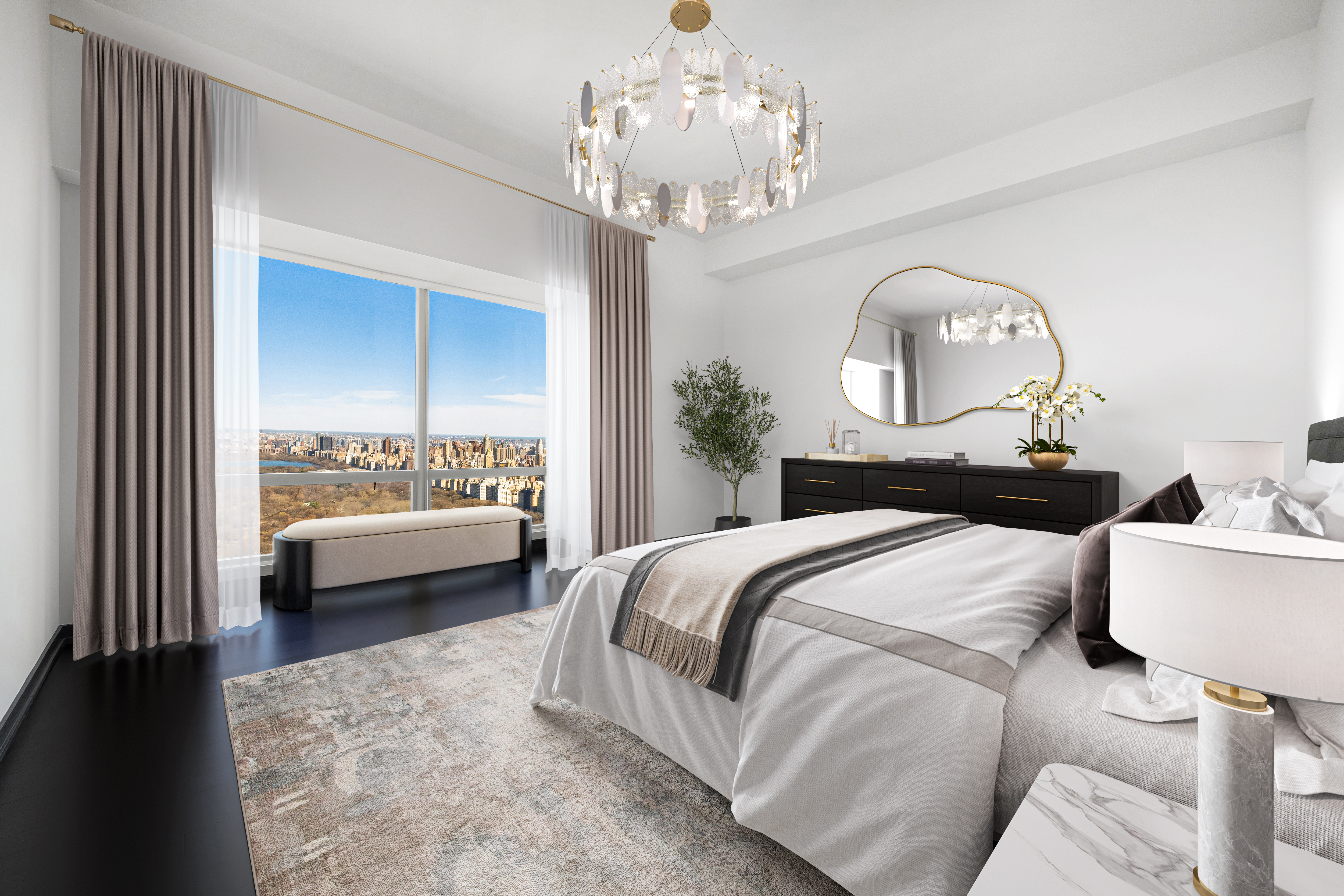 157 West 57th Street, Unit 56C Manhattan, NY 10019 - Photo 5 of 10 a bedroom with bed and a chandelier