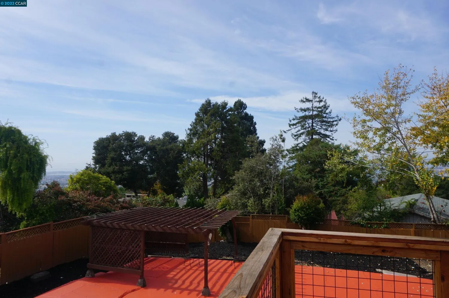 a view of deck and mountain view in back