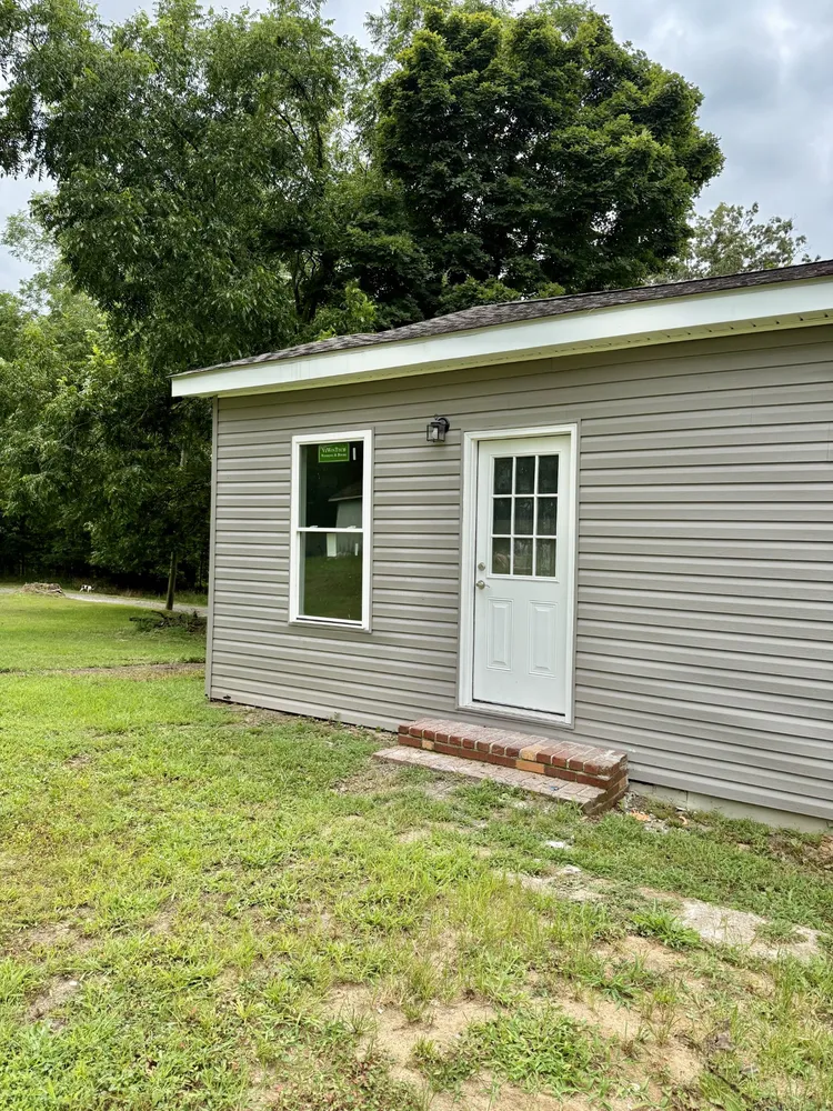 a view of a backyard with plants and large tree