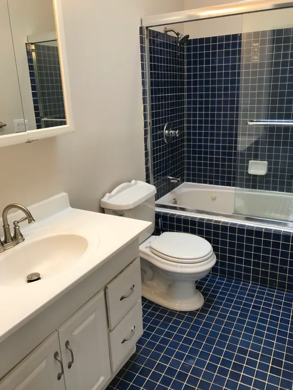 a bathroom with a toilet a sink a mirror and shower