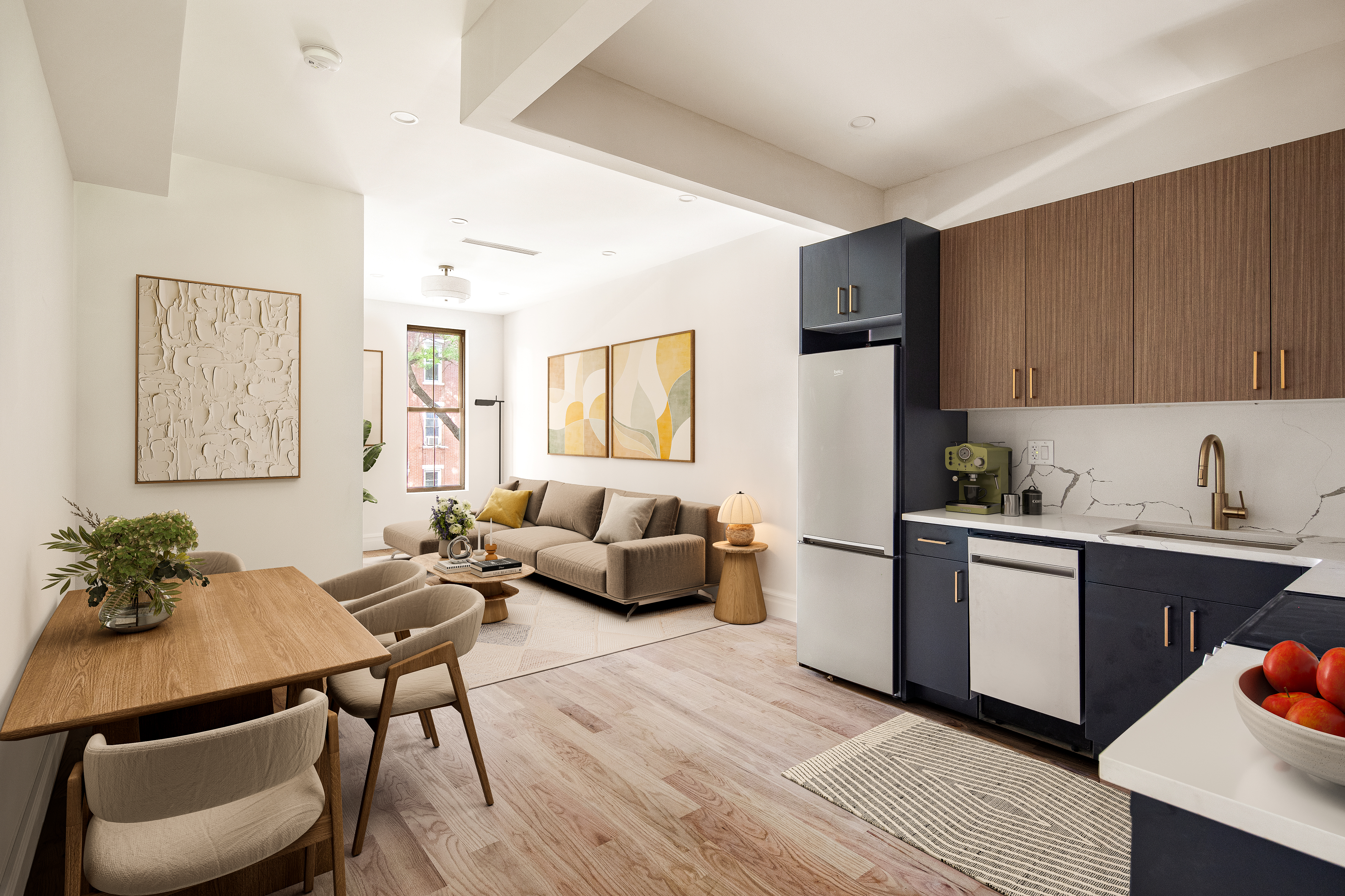 1110 Putnam Avenue, Unit 2 Brooklyn, NY 11221 - Photo 1 of 8 a living room with stainless steel appliances kitchen island granite countertop furniture and a kitchen view