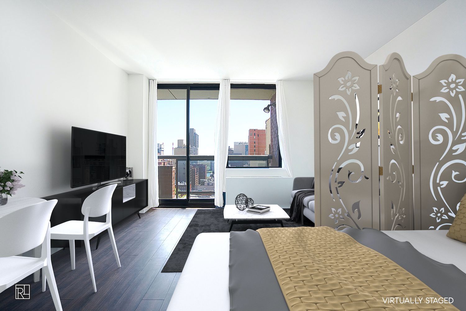300 East 62nd Street, Unit 1405 Manhattan, NY 10065 - Photo 3 of 10 a living room with furniture a flat screen tv and a floor to ceiling window