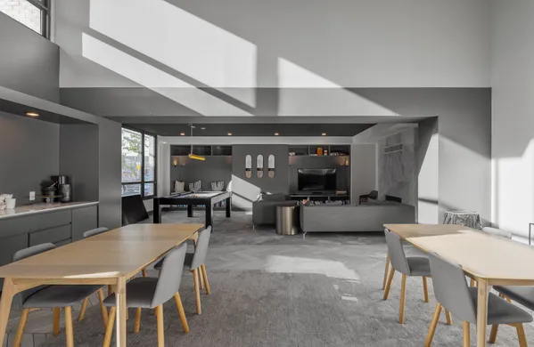 a view of a dining room with furniture