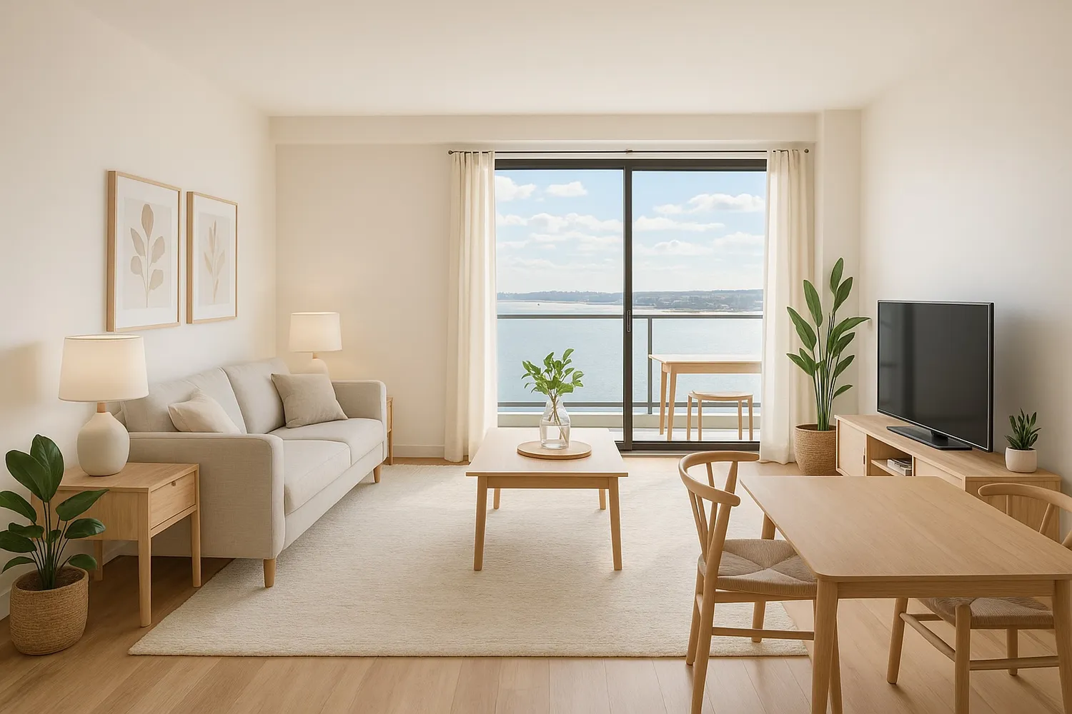 a living room with furniture a table and large windows