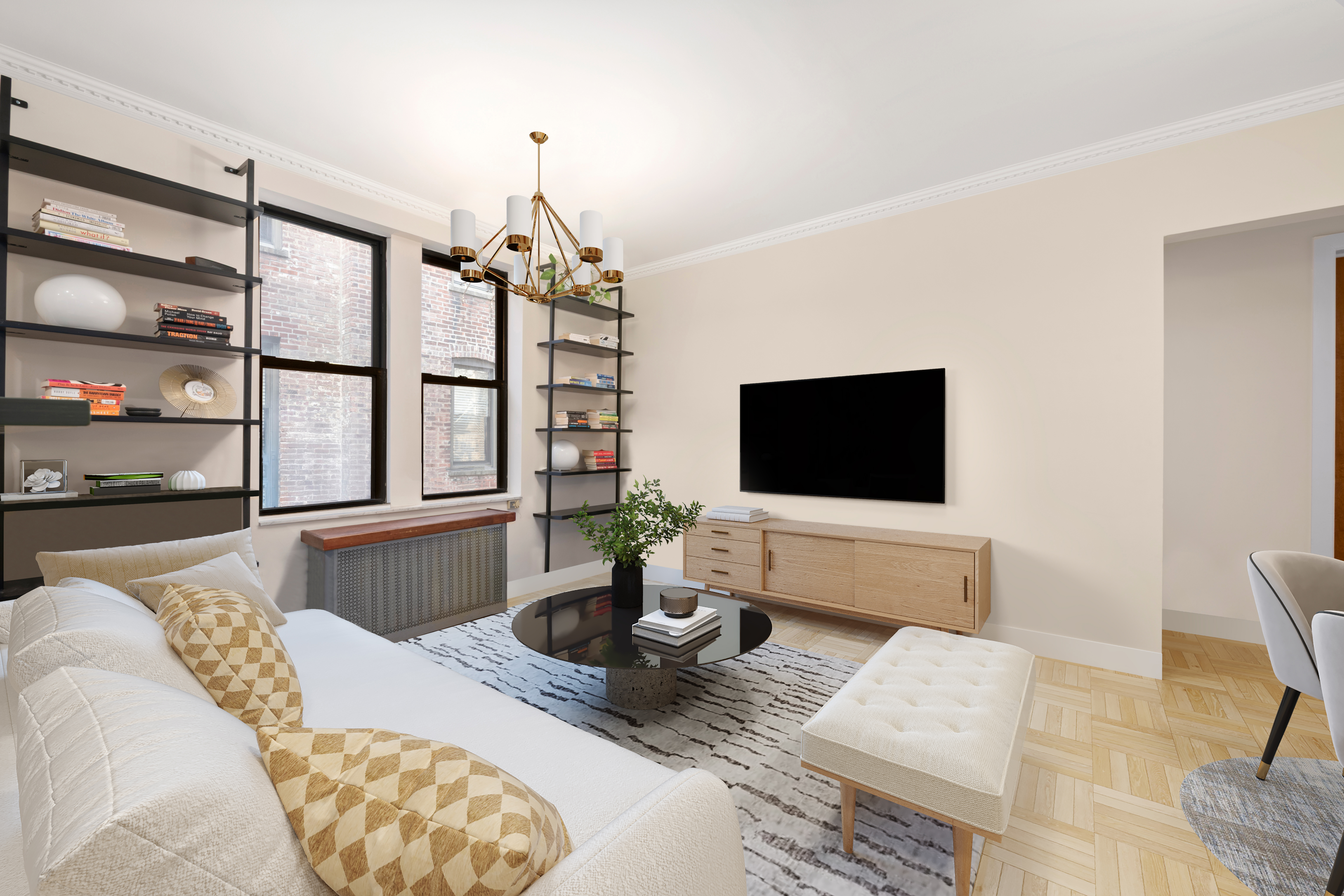 a living room with furniture wooden floor and a flat screen tv