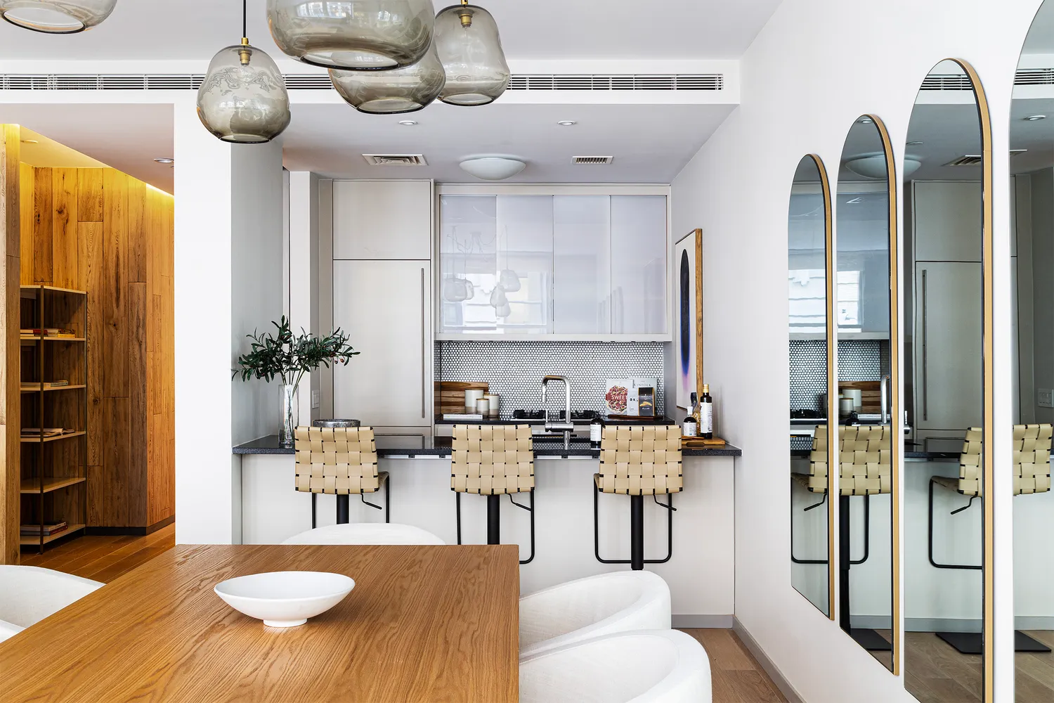 a view of a dining room with furniture