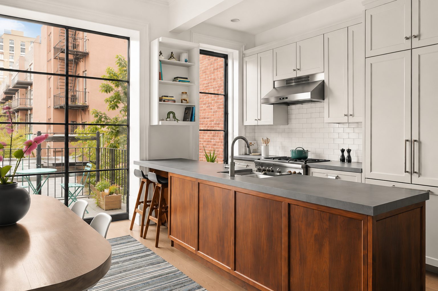 389 Classon Avenue, Unit TWNHS Brooklyn, NY 11238 - Photo 6 of 15 a kitchen with stainless steel appliances granite countertop a sink dishwasher a stove a dining table and chairs with wooden floor