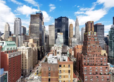 a city view with tall buildings