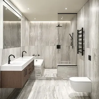 a bathroom with a double vanity sink a toilet and shower