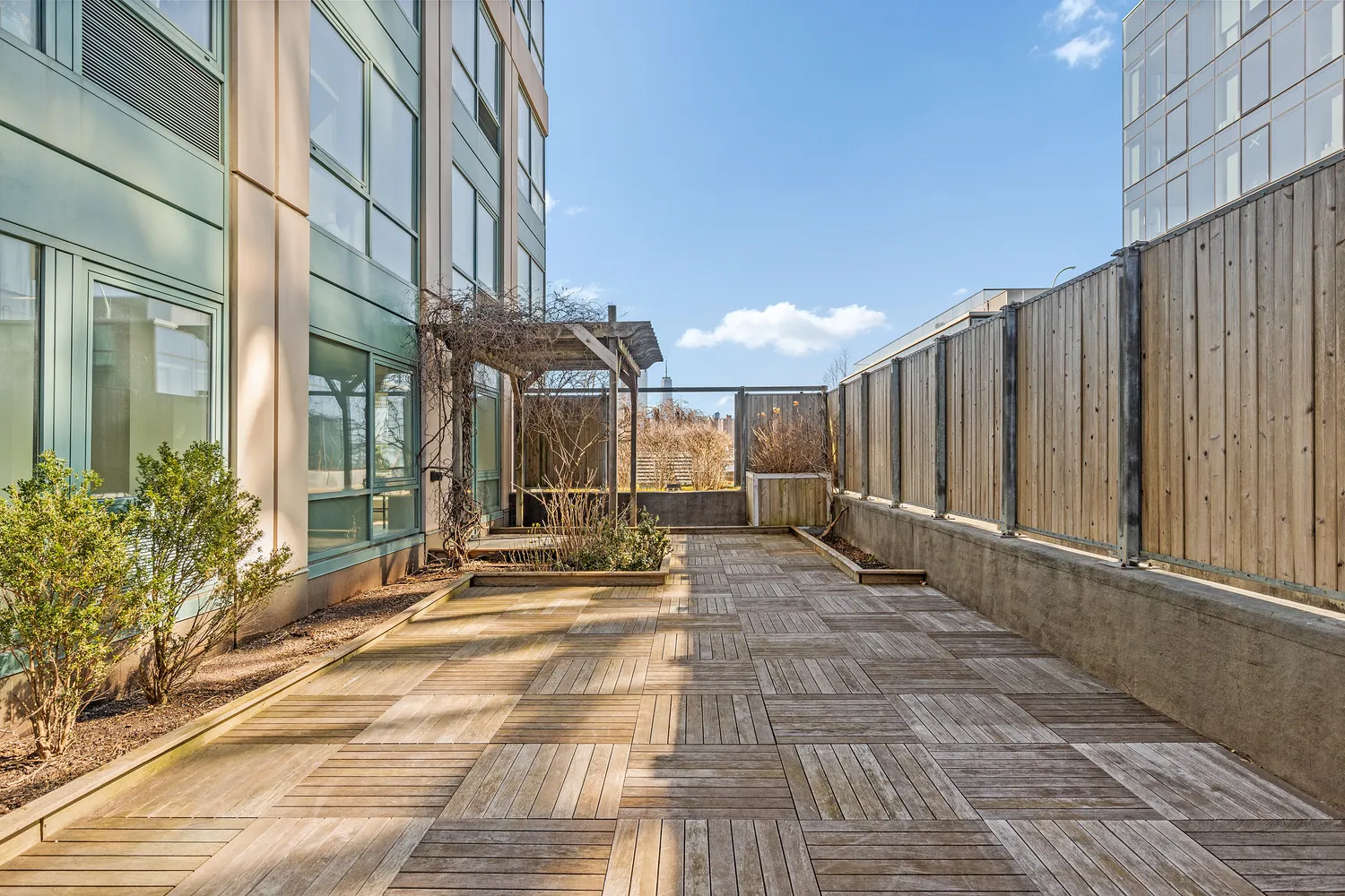 a view of a building with sitting area