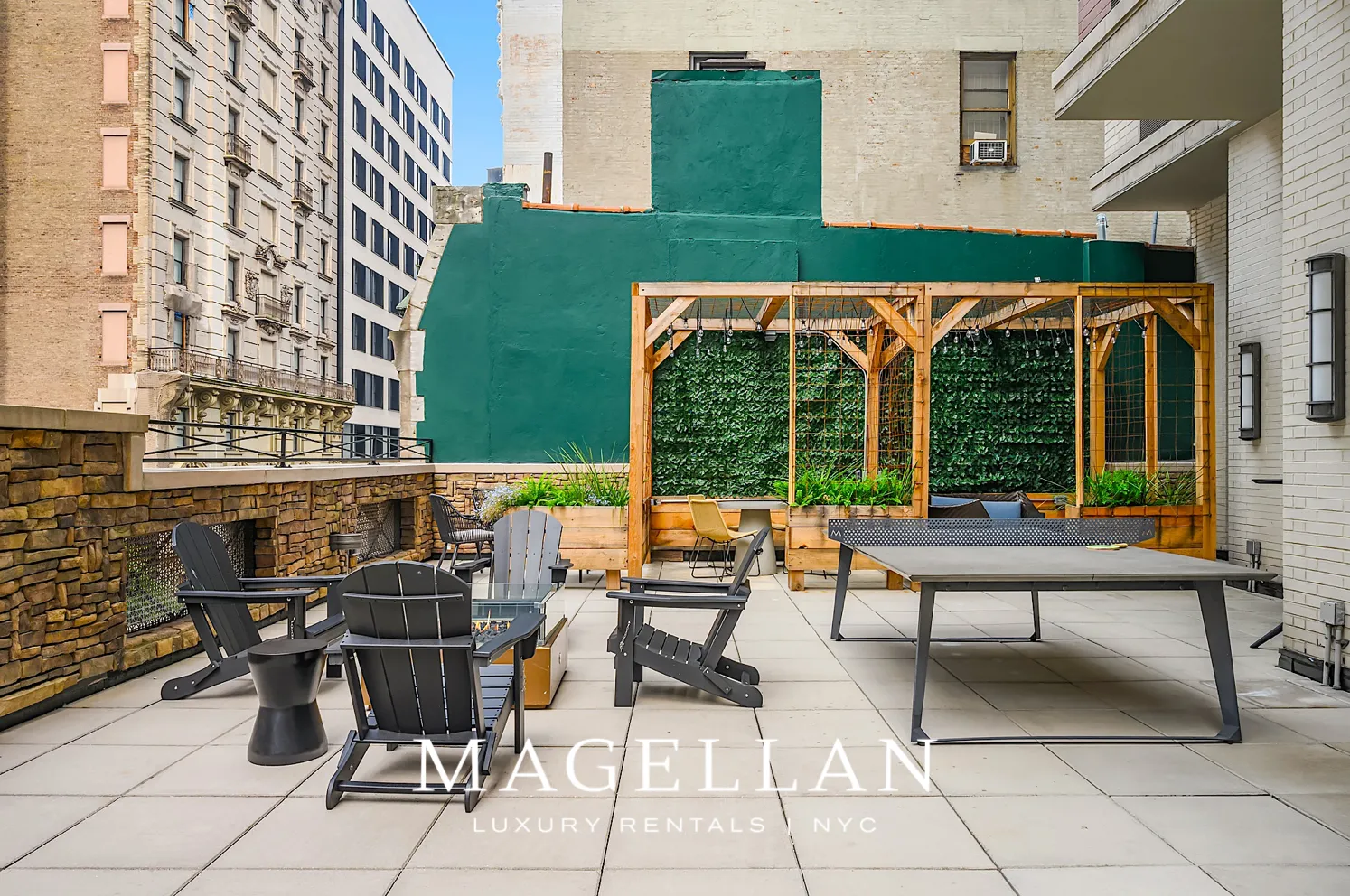 a view of a patio with a table and chairs