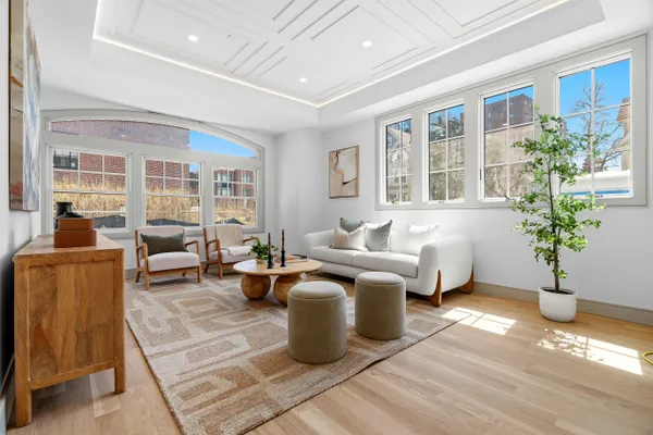 a living room with furniture potted plant and windows