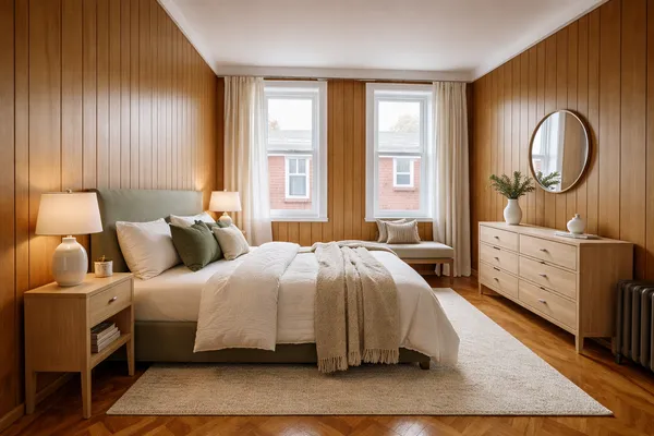 a bedroom with a bed a mirror on dresser and a dresser next to a window