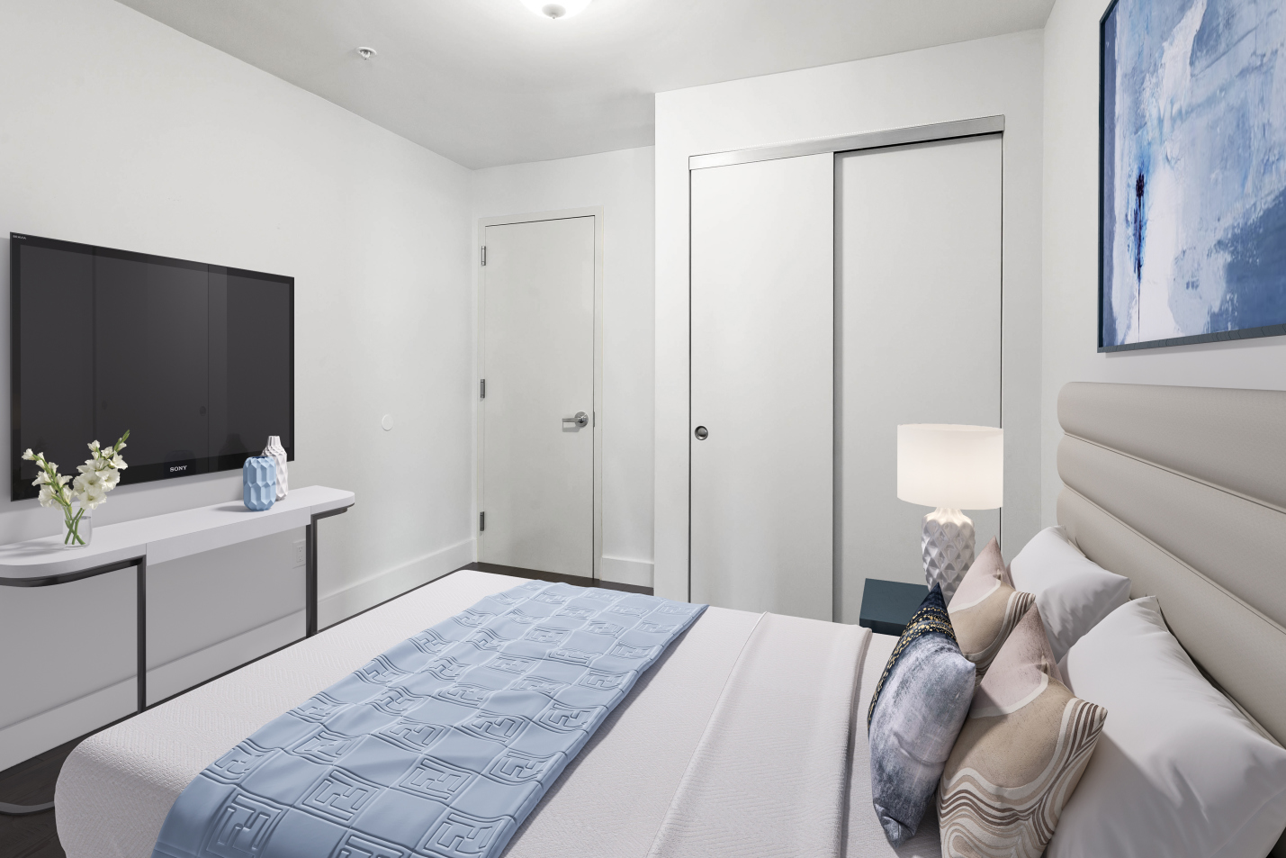 120 Boerum Street, Unit 2B Brooklyn, NY 11206 - Photo 3 of 6 a bedroom with a bed and a flat screen tv