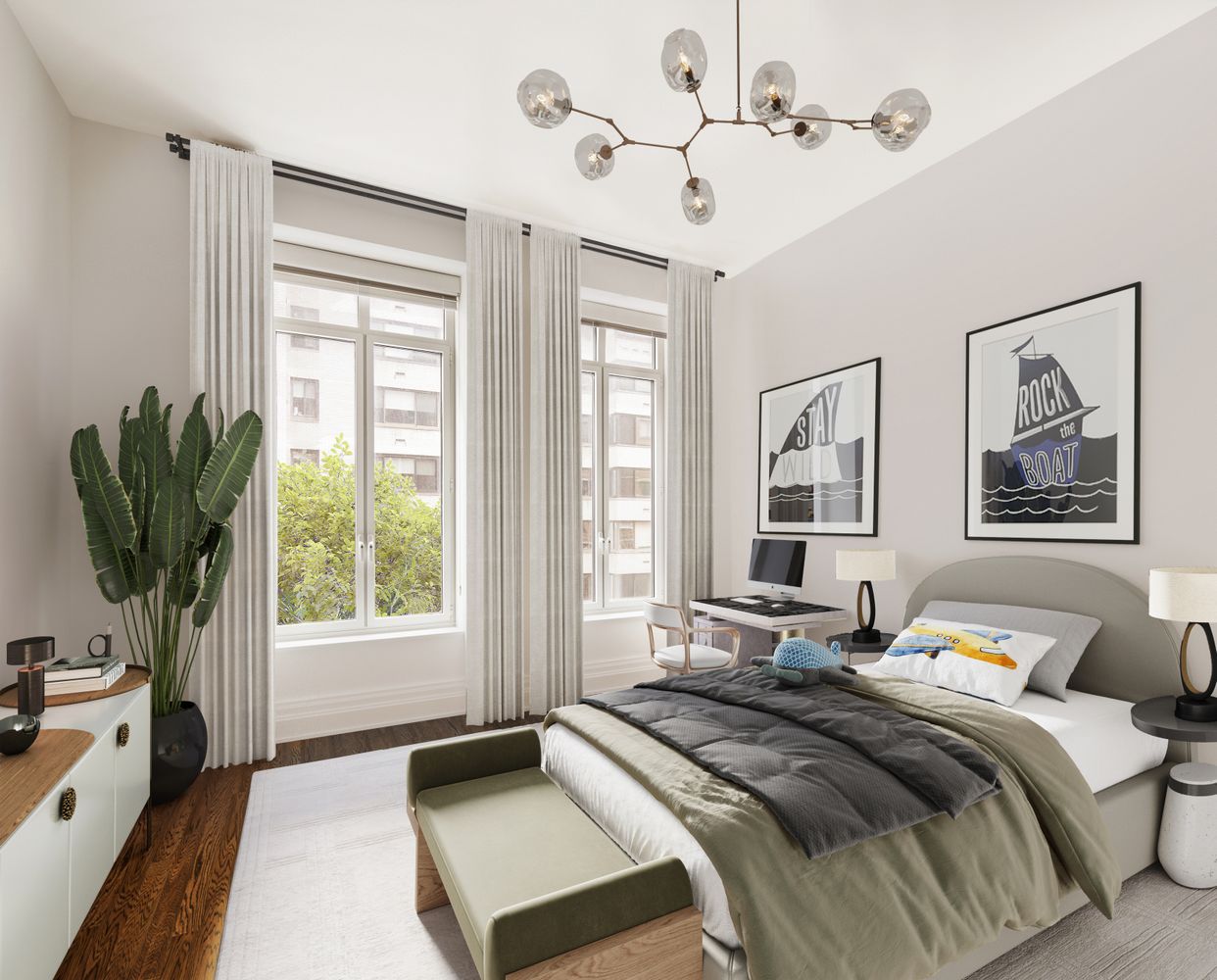 a bedroom with a bed and a large window