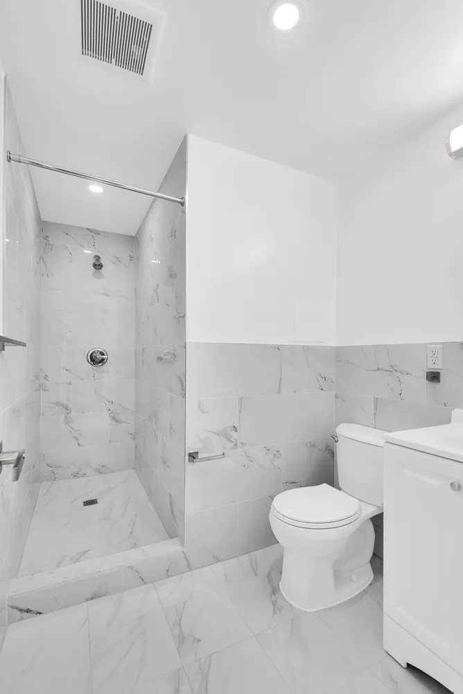 a bathroom with a toilet and a shower