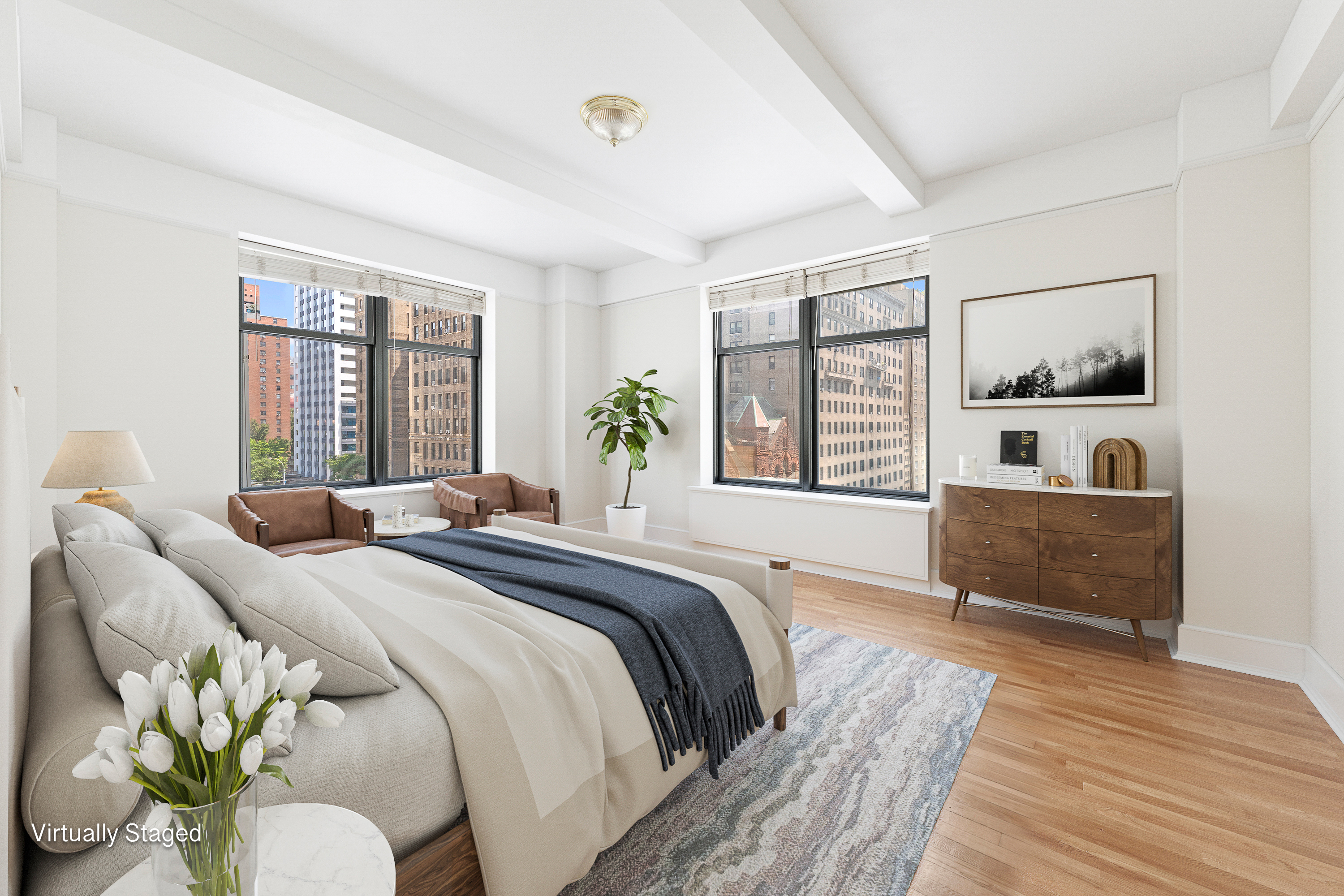 200 West 86th Street, Unit 7C Manhattan, NY 10024 - Photo 6 of 14 a bedroom with a bed and a large window with wooden floor