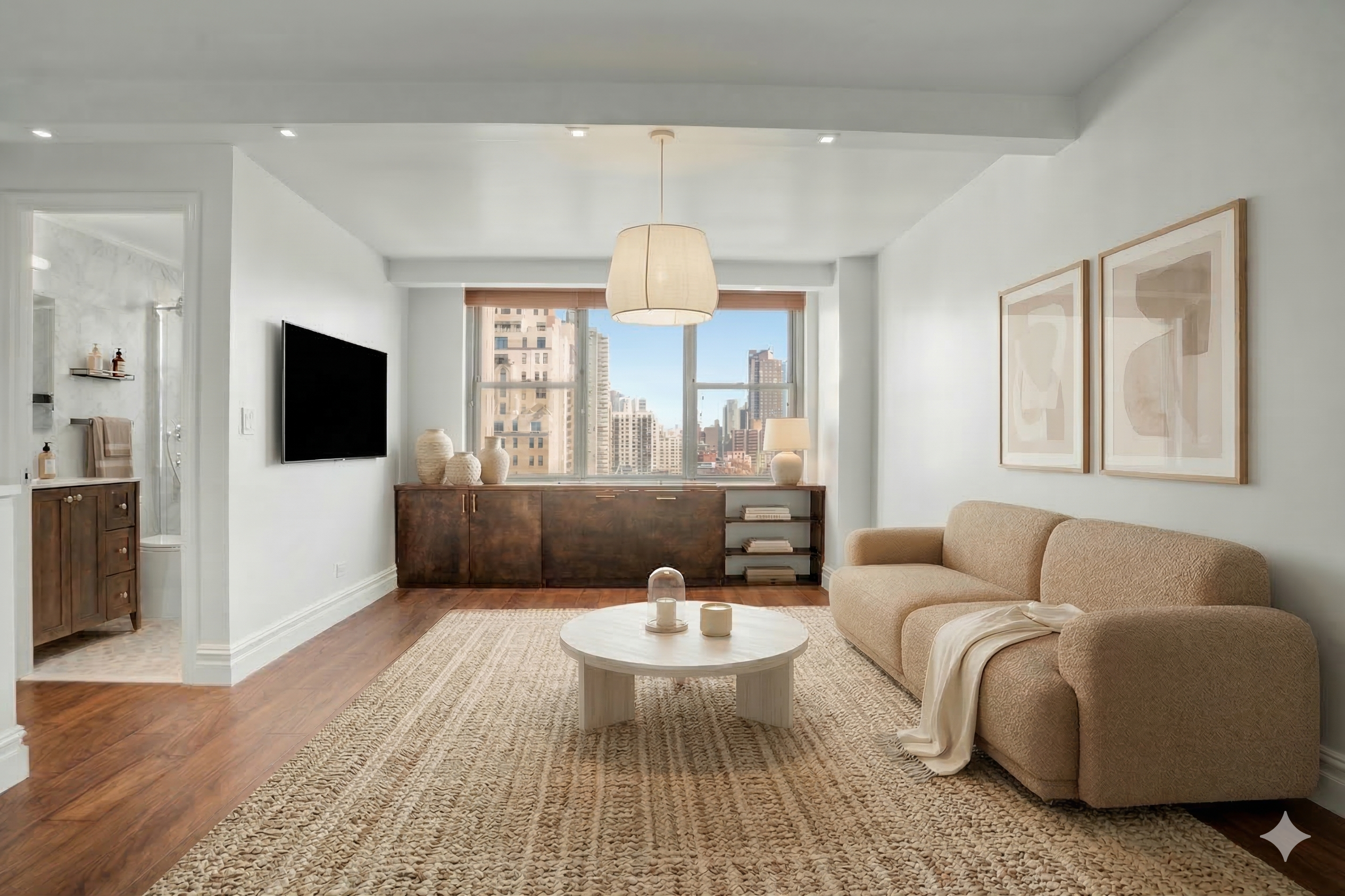 301 East 79th Street, Unit 17F Manhattan, NY 10075 - Photo 1 of 15 a living room with furniture and a flat screen tv