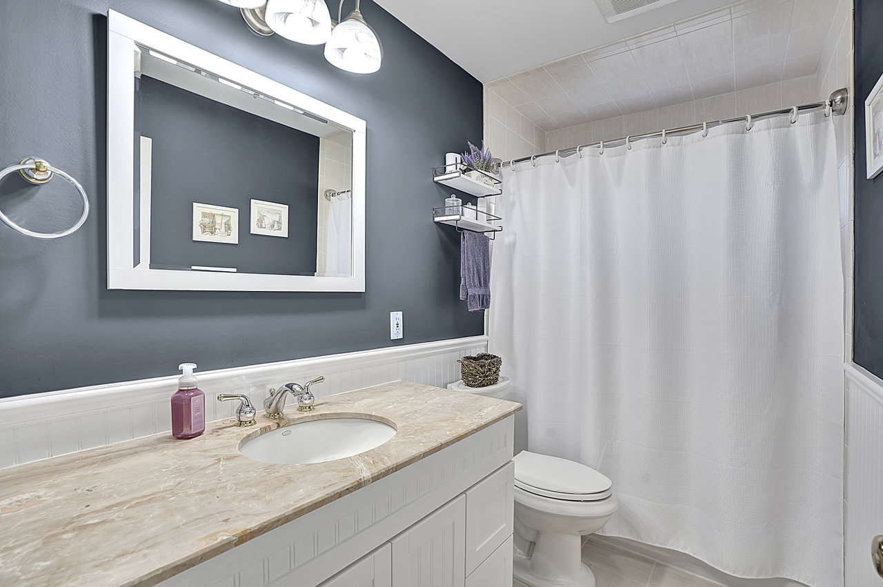 266 Feronia Way Rutherford, NJ 07070 - Photo 31 of 41 a bathroom with a granite countertop sink a toilet and a mirror