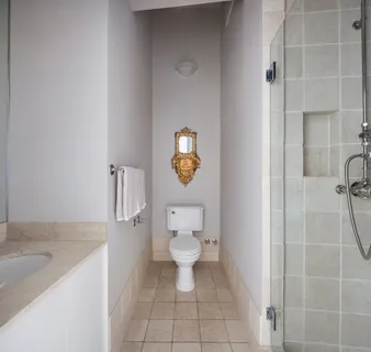 a bathroom with a toilet and a shower