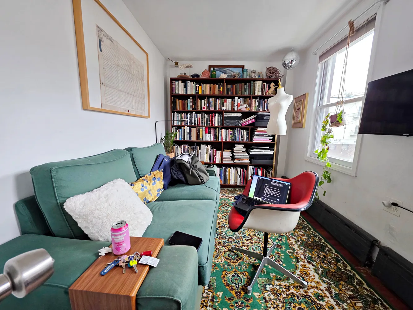 a living room with furniture a rug and a book shelf