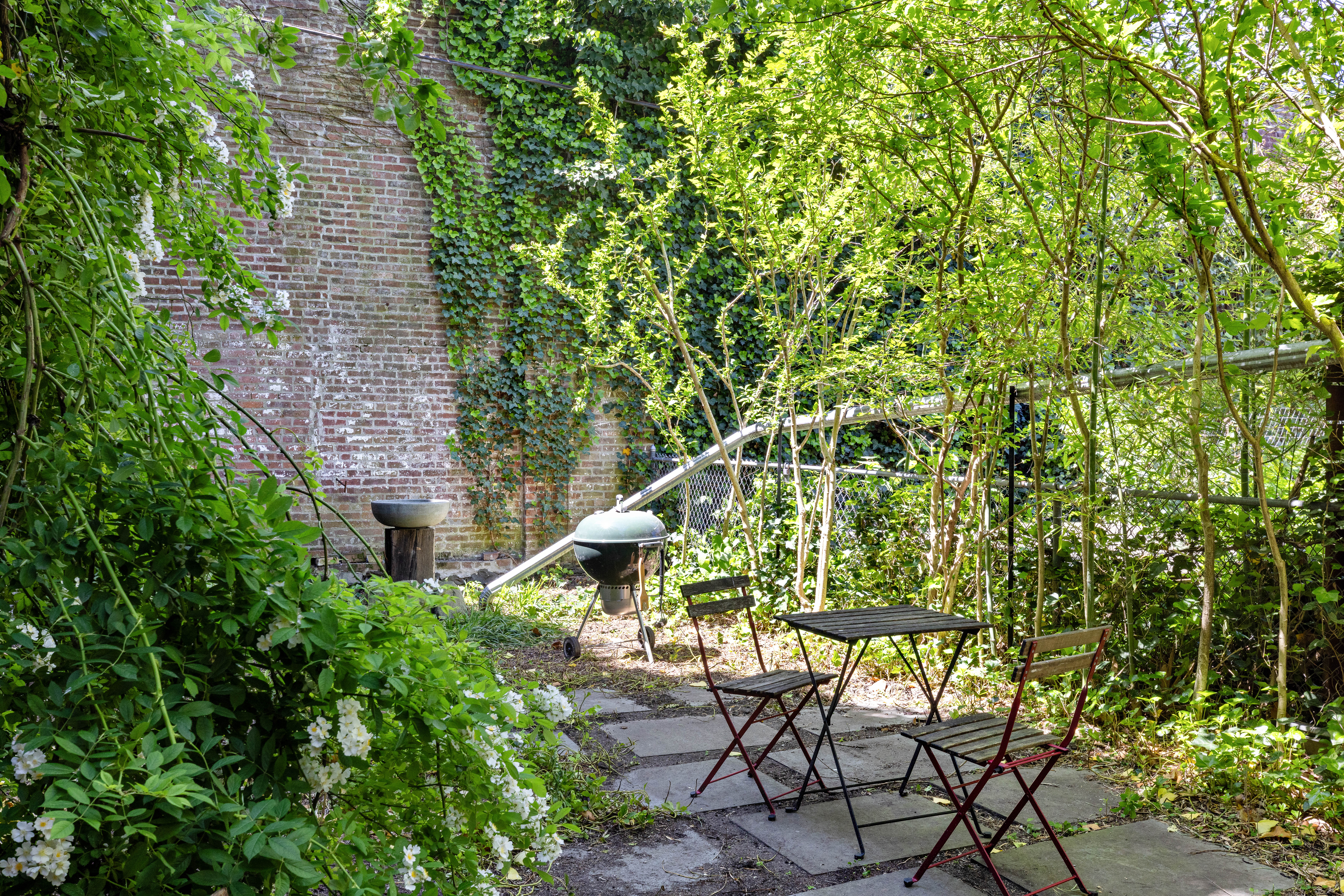 159 Coffey Street Brooklyn, NY 11231 - Photo 17 of 20 a backyard of a house with table and chairs plants and large trees