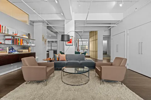 a living room with furniture and a book shelf