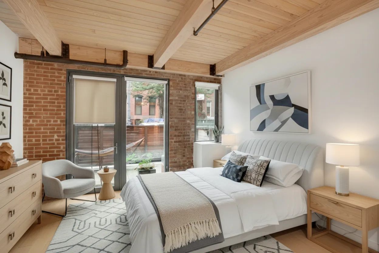 a bedroom with a large bed and a large window