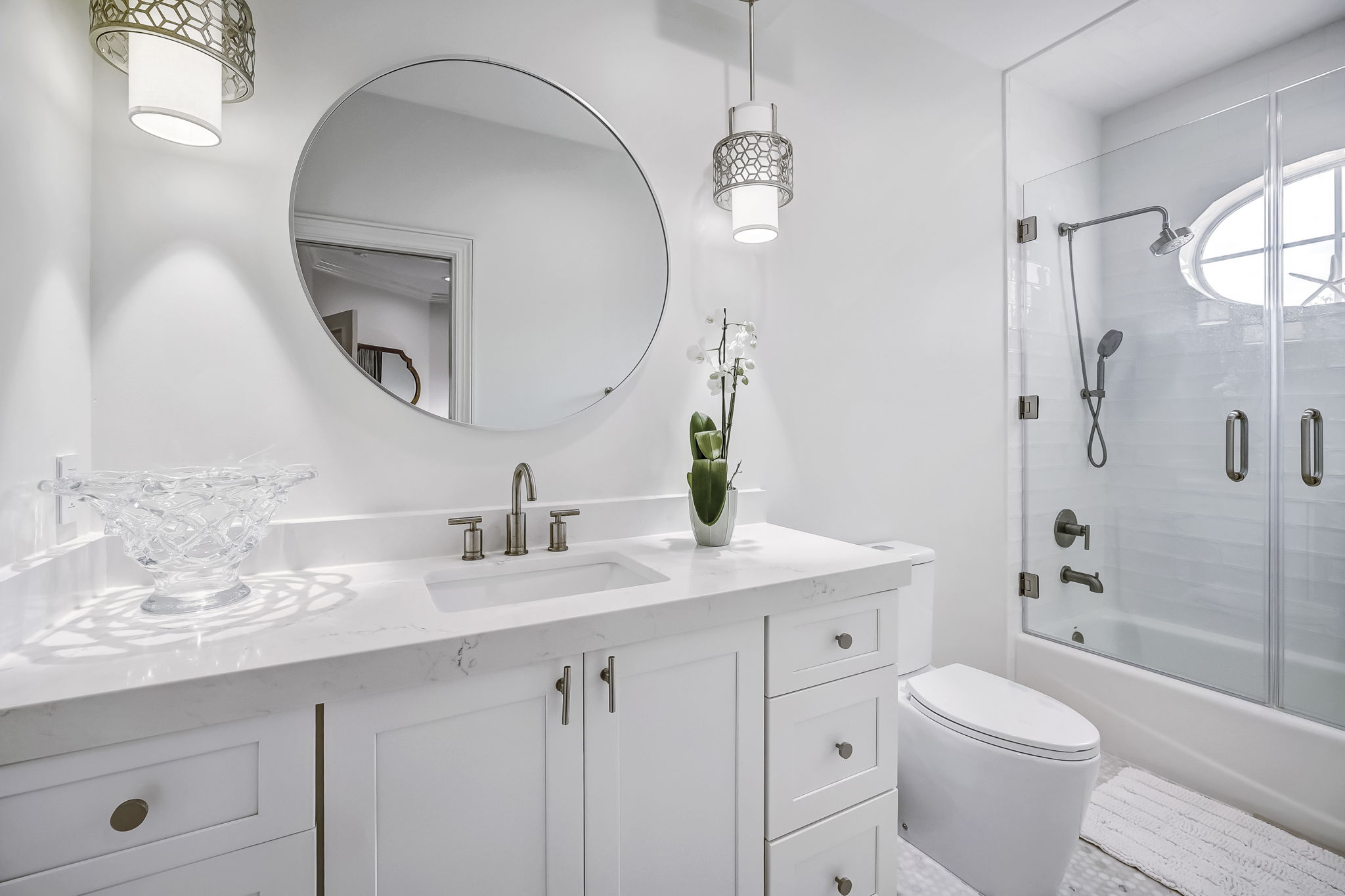 24624 Harbour View Drive Ponte Vedra Beach, FL 32082 - Photo 105 of 186 a bathroom with a granite countertop sink a toilet a mirror a vanity and shower