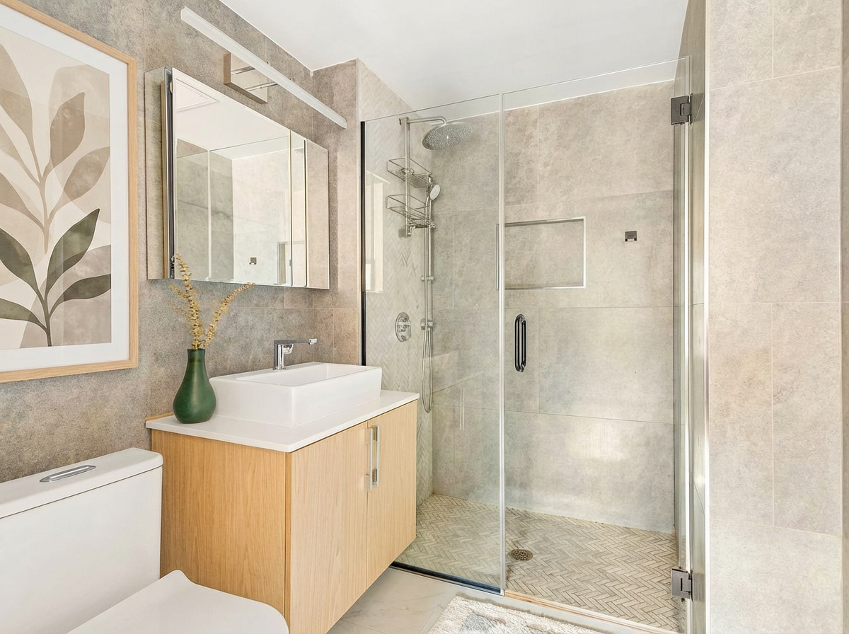 674 Hancock Street, Unit 1R Brooklyn, NY 11233 - Photo 5 of 10 a bathroom with a sink a toilet and shower