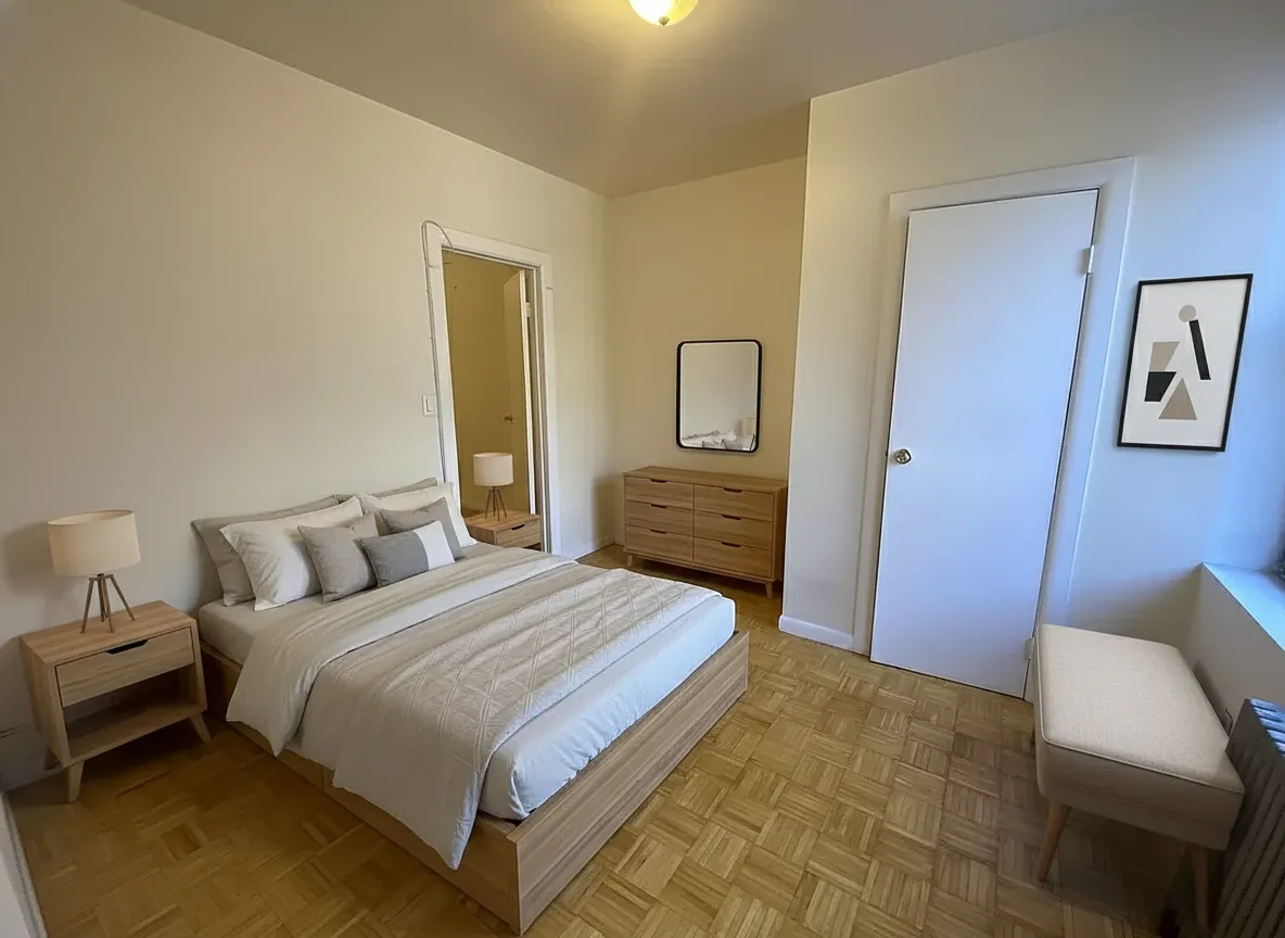 a bedroom with a bed and a couch