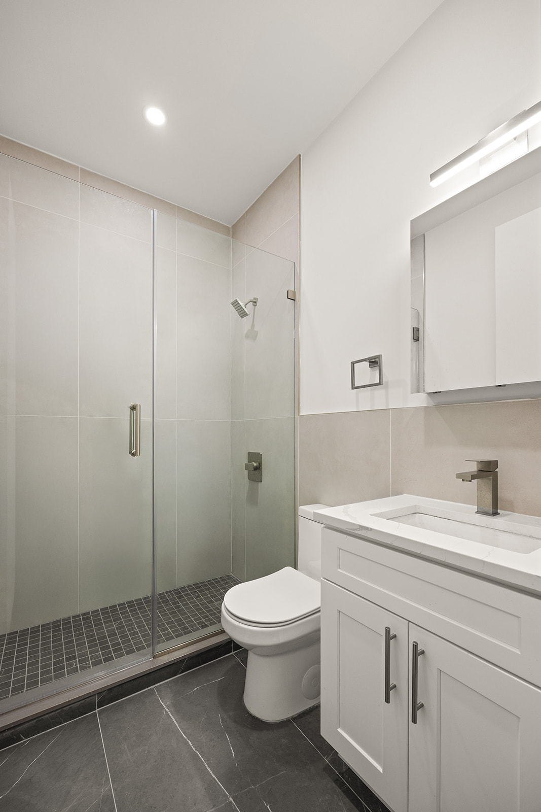 1039 Fulton Street Brooklyn, NY 11238 - Photo 11 of 13 a bathroom with a granite countertop sink a toilet and a shower