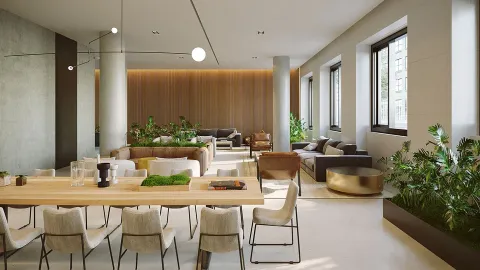 a dining room with furniture and a large window