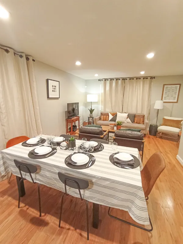 a view of a dining room with furniture