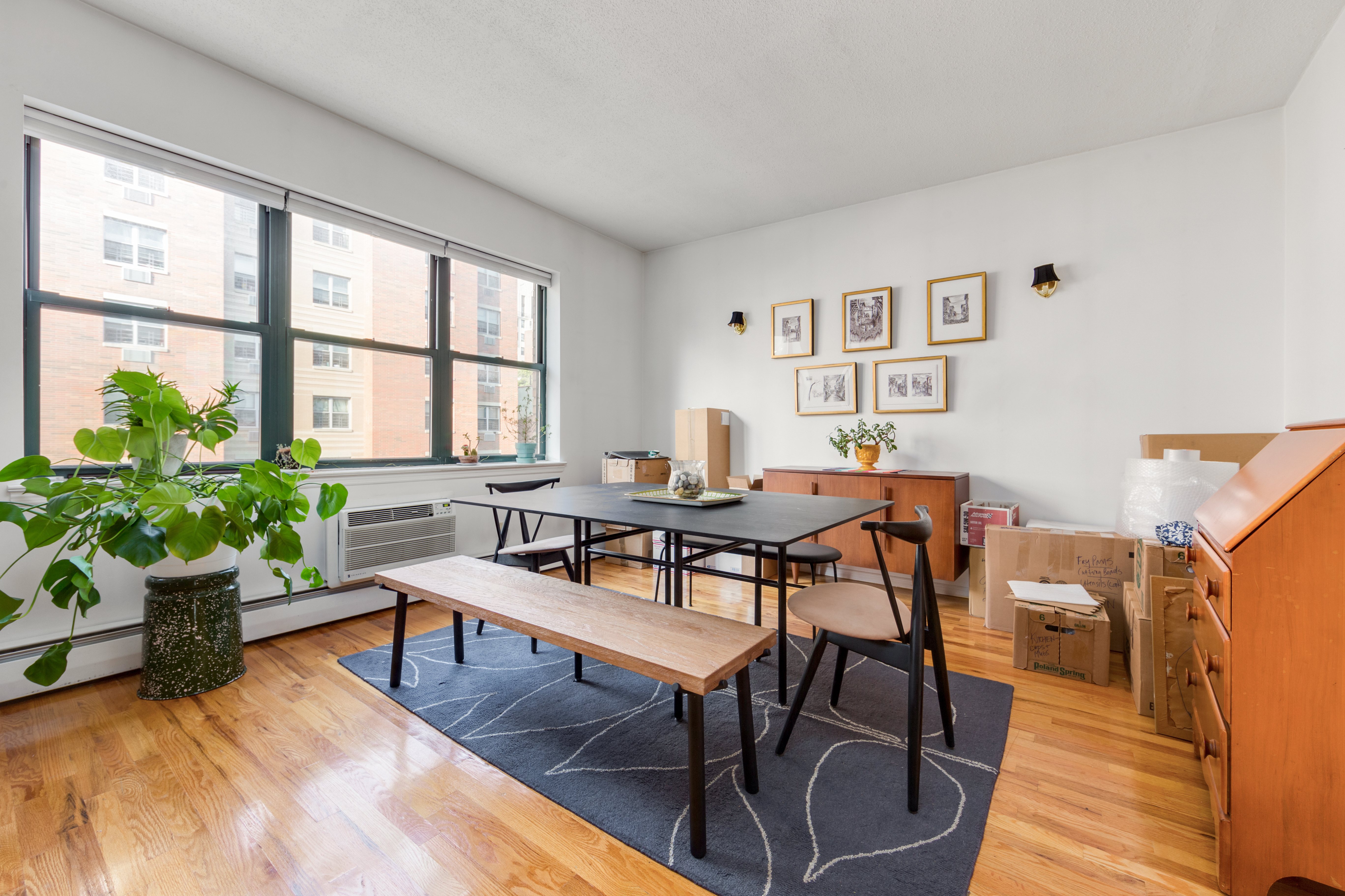 a workspace with furniture and a potted plant