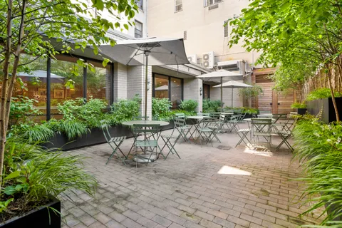 a view of a patio with table and chairs potted plants and large tree