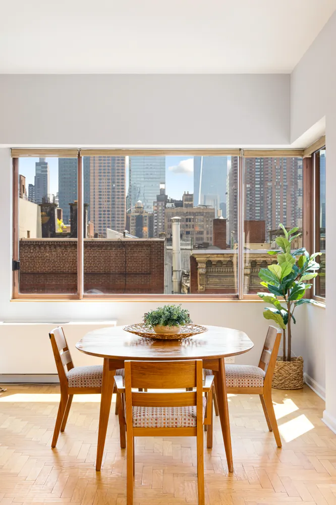 a view of a dining room with furniture and a potted plant