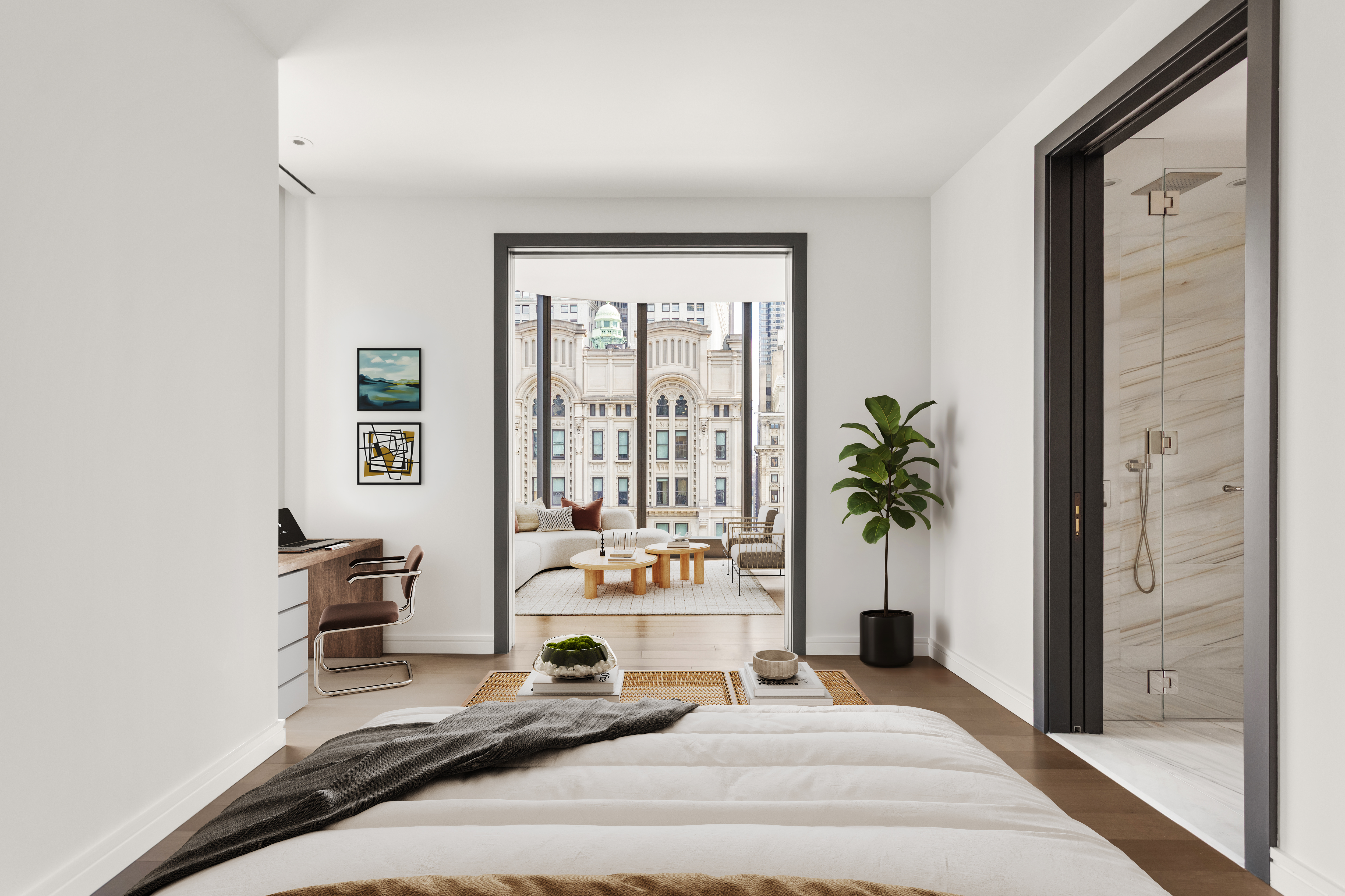 125 Greenwich Street, Unit 31A Manhattan, NY 10006 - Photo 3 of 23 a view of a bedroom with a bed and glass door