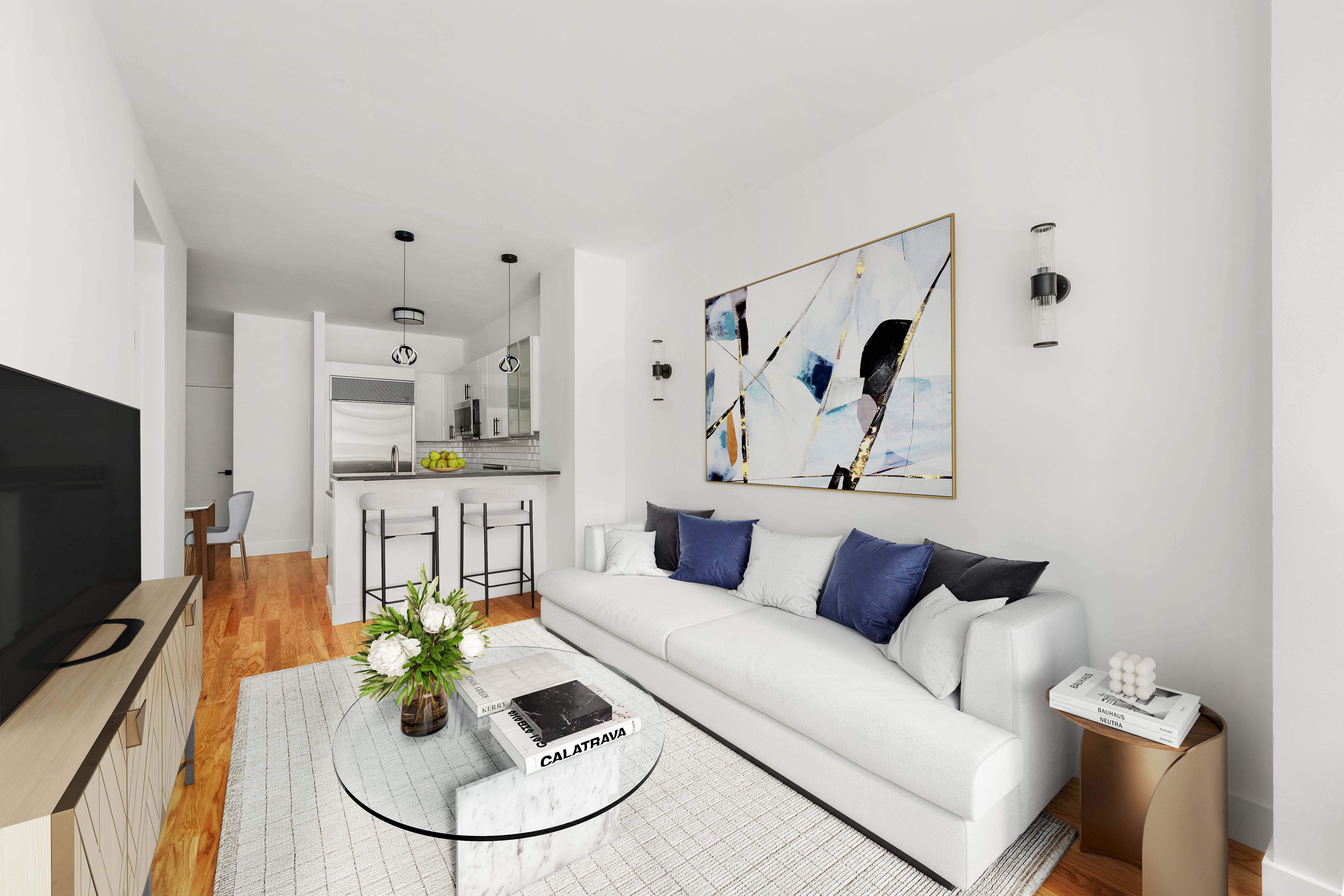 212 East 57th Street, Unit 3B Manhattan, NY 10022 - Photo 14 of 17 a living room with furniture and a flat screen tv