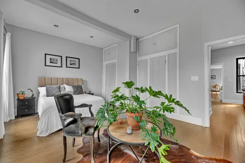 a living room with furniture and a potted plant