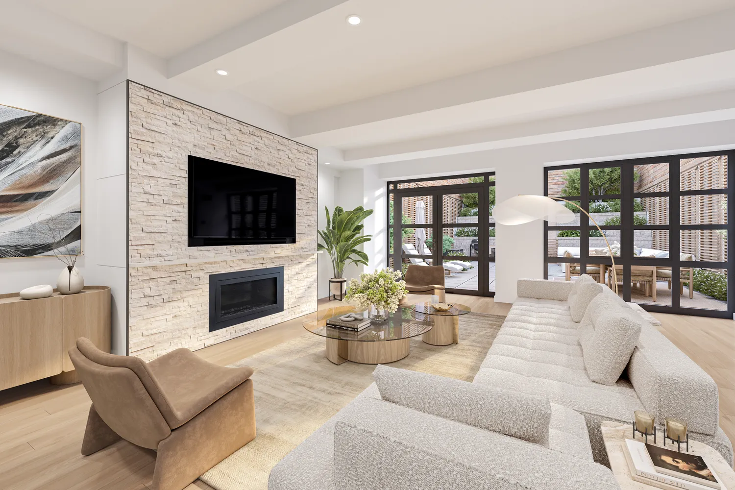 a living room with fireplace furniture and a flat screen tv