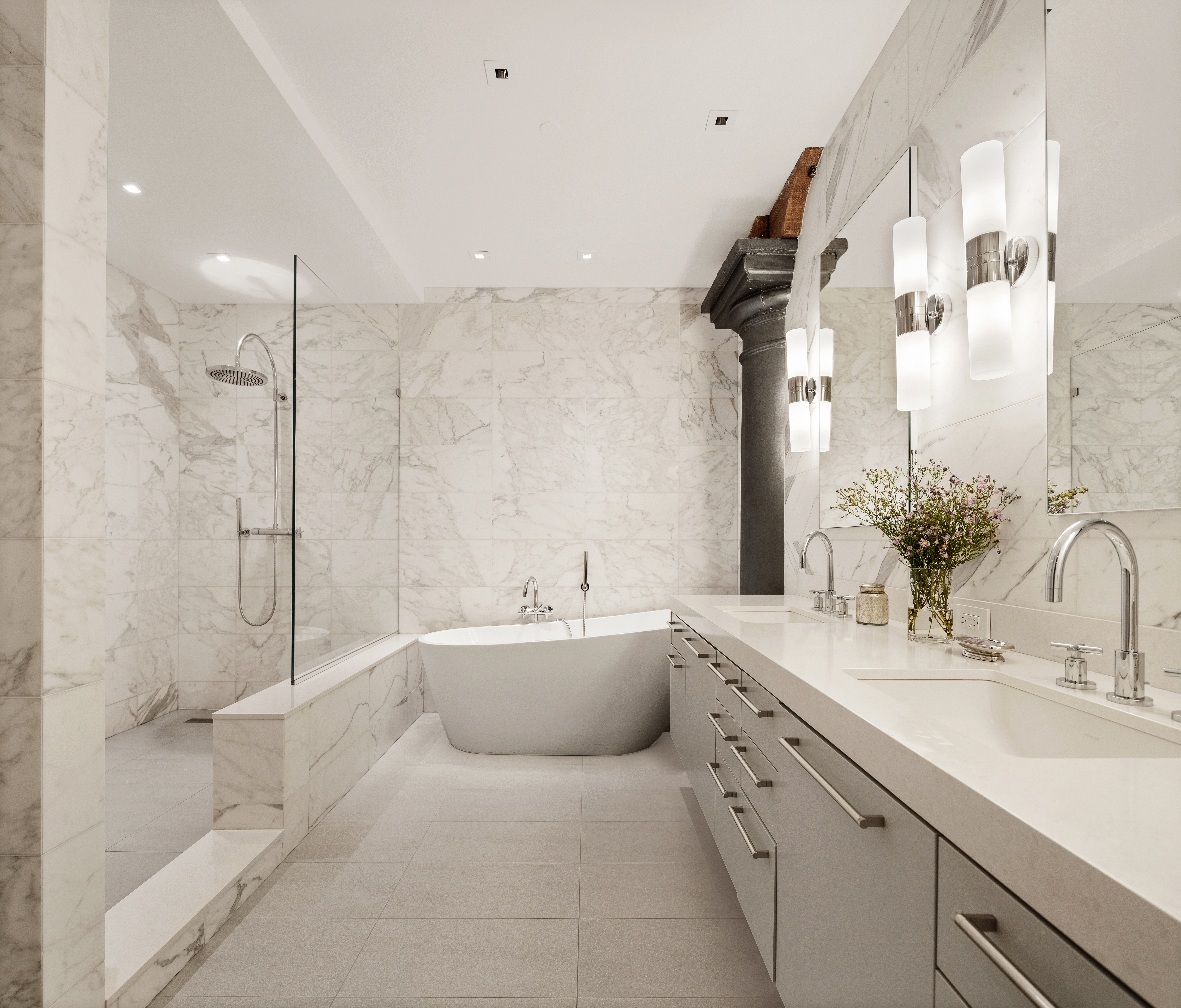 44 Laight Street, Unit 2A Manhattan, NY 10013 - Photo 16 of 28 a bathroom with a double vanity sink mirror and shower
